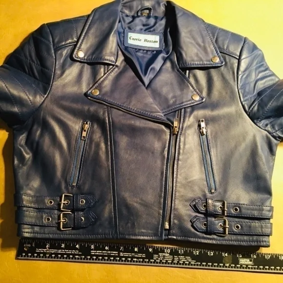 CARRIE HOXTON 100% Leather CROPPED MOTO BIKER JACKET, DARK BLUE, NWOT, XL